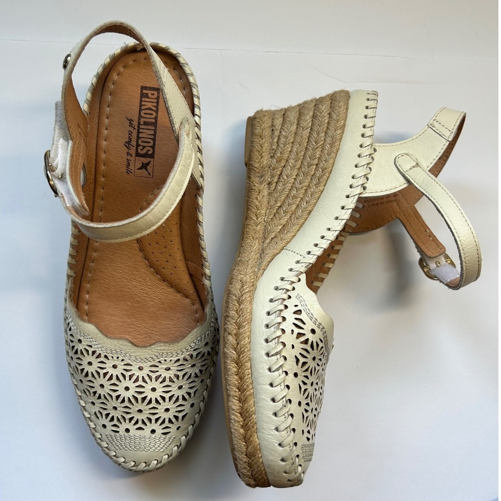 Pikolinos Womens Vila Wedge Sandals Ivory Leather Laser Cut Spain 37 US 6.5-7